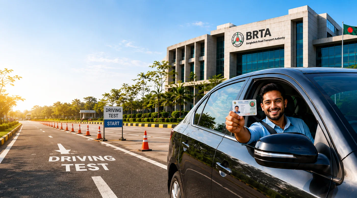 Smiling driver showing his new driving licence from a car window in front of the BRTA building driving-test road