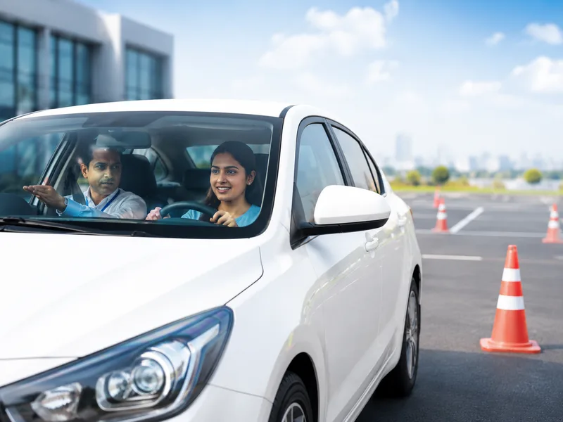 Learner practising with an instructor in a white training car on a cone-marked course