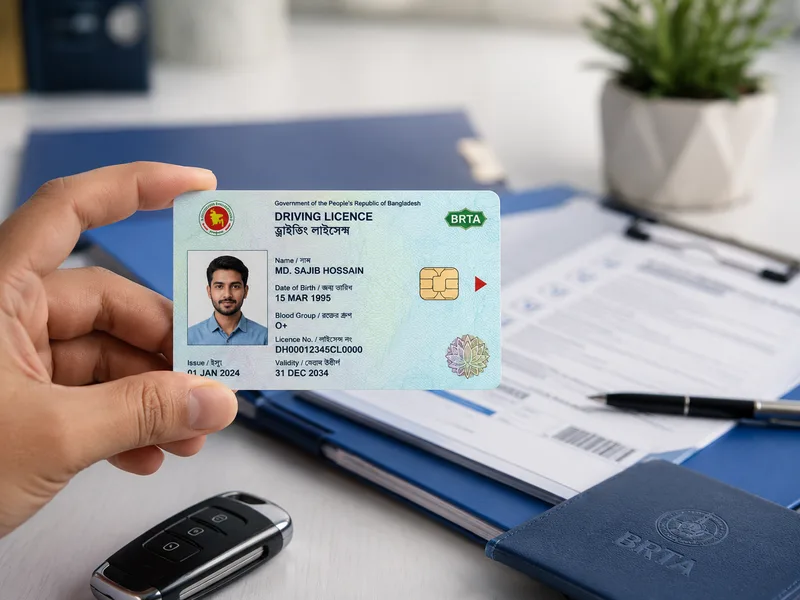 A hand holding a Bangladesh smart-card driving licence over BRTA paperwork